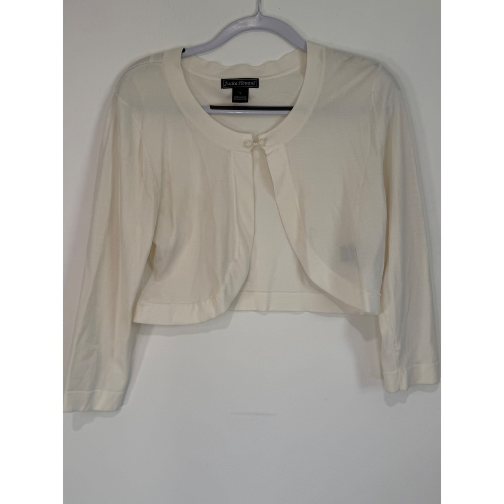 Jessica Howard White Cropped Bolero Shrug Sweater Large Ivory Knit Cardigan